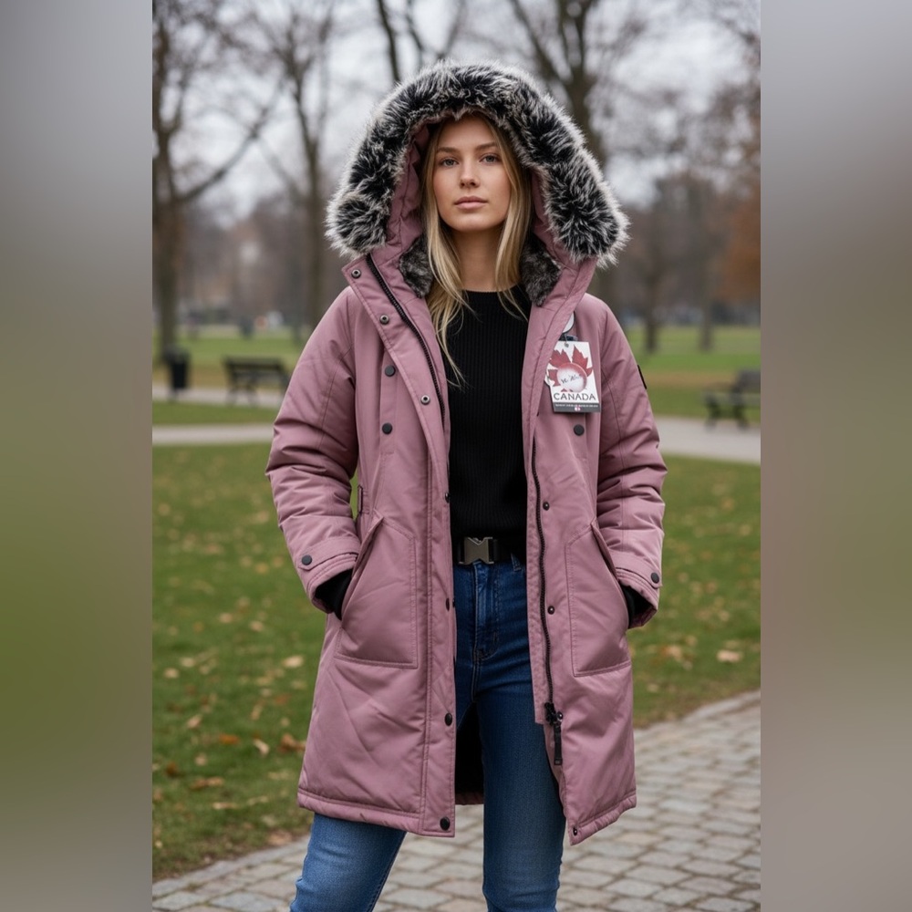 NWT $300 Canada Weather Gear Pink Haze Puffer Parka Jacket Faux Fur Hood M Ski - Picture 2 of 11